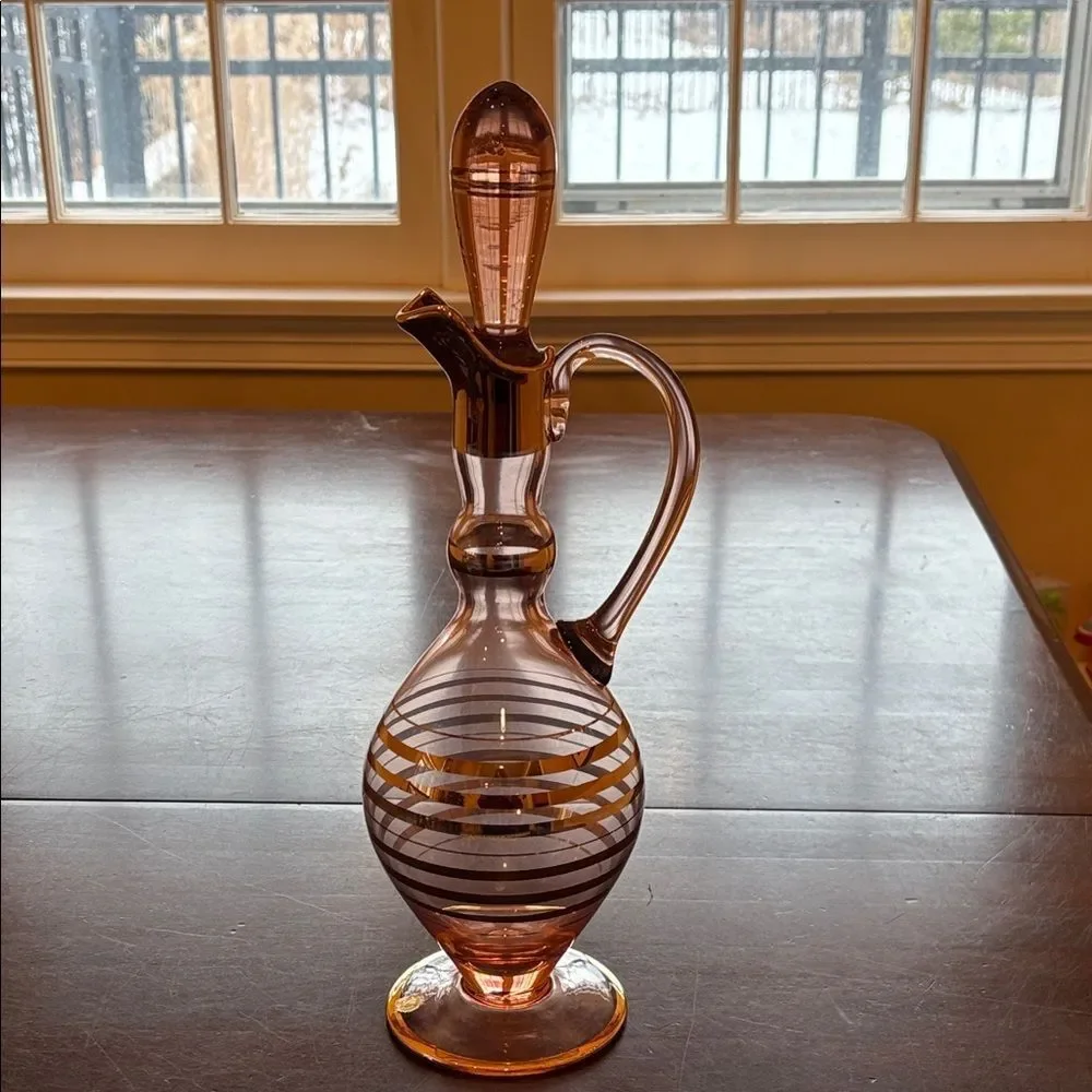 Vintage 1950s Handmade Romanian Amber Pink Glass Decanter Set